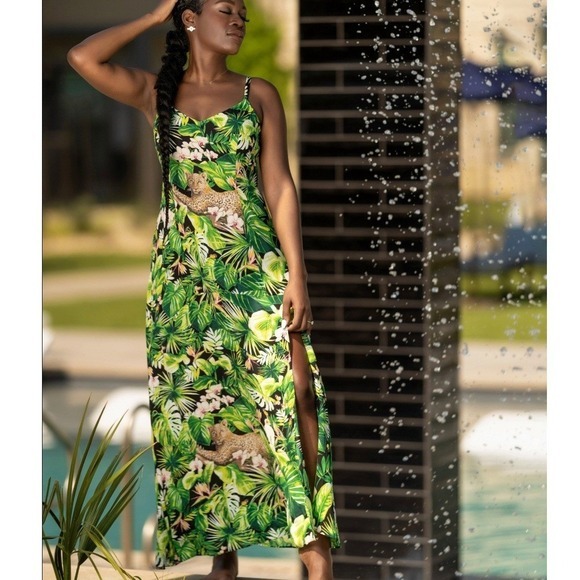 White‎ House Black Market Maxi Dress Size 6 Green Jungle Print Tropical Resort - Picture 3 of 13